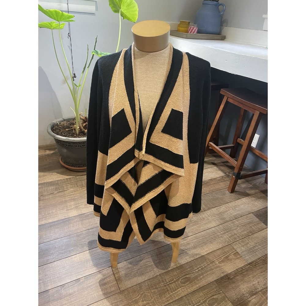 INC Geometric Black Camel Soft Cotton Waterfall Cardigan Lightweight Lagenlook
